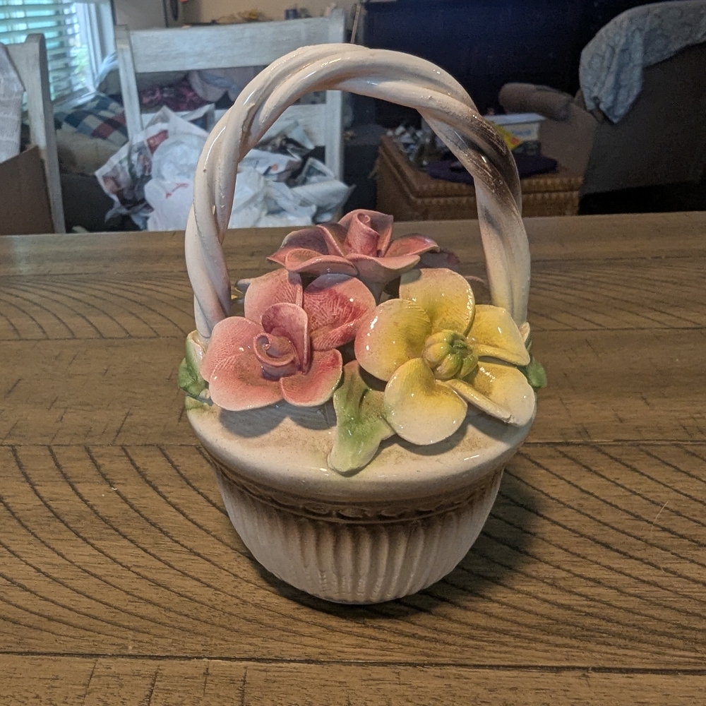 Vintage Capodimonte Porcelain Flowers In Round Basket Made In Italy Decor MCM